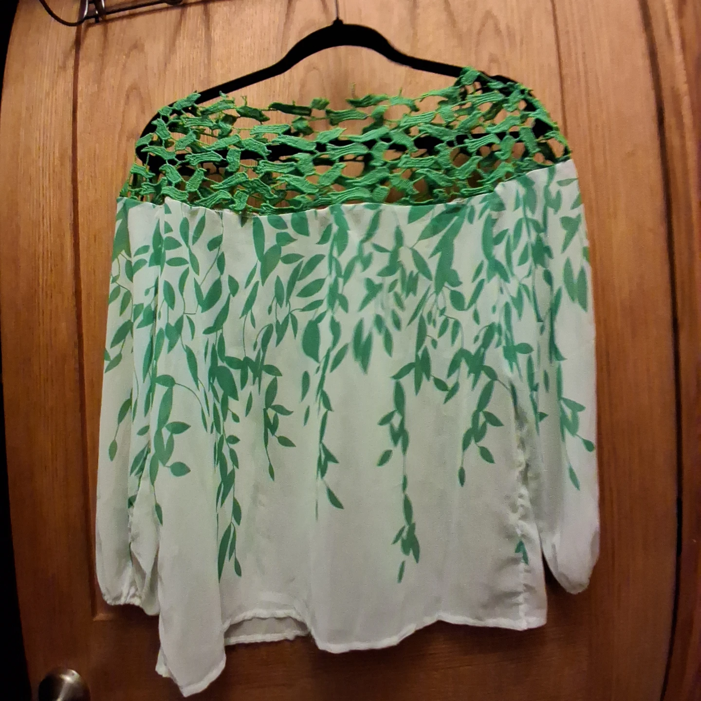 White and Green Leaf Print Blouse with Crochet Neckline