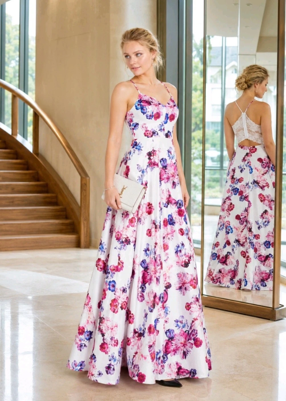 New City Studio White Fuchsia Purple Floral floor-length dress