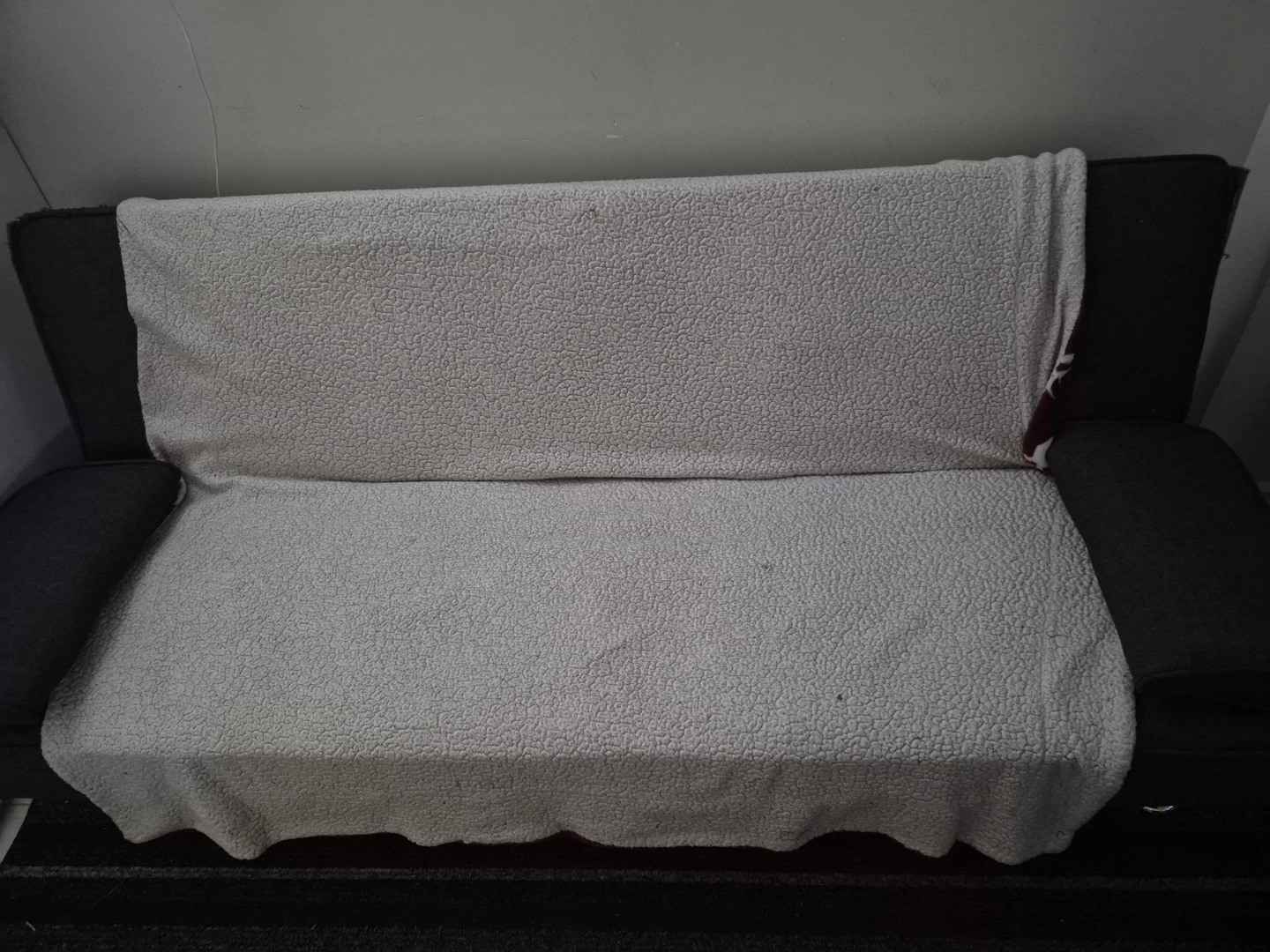 Grey Futon Sofa Bed with Sherpa Throw