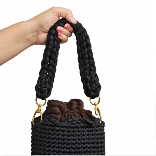 Black Crochet Bucket Bag with Braided Handle - photo 2