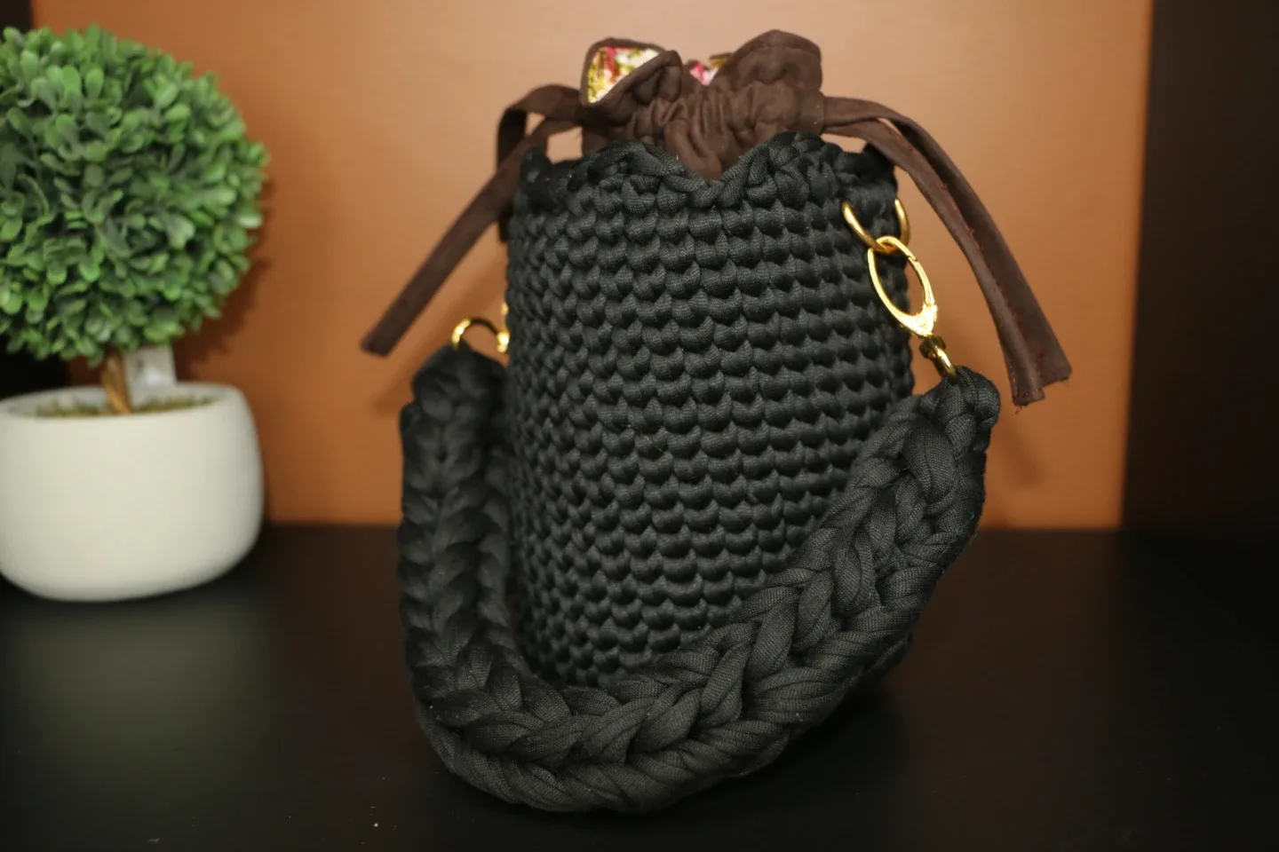 Black Crochet Bucket Bag with Braided Handle - photo 3