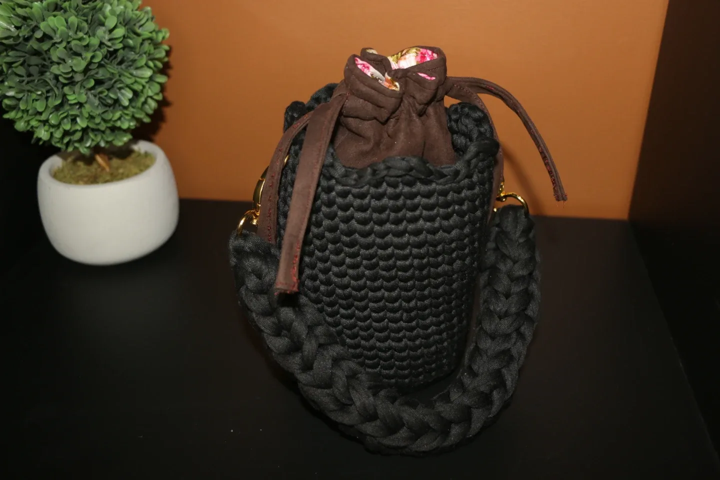Black Crochet Bucket Bag with Braided Handle - photo 5