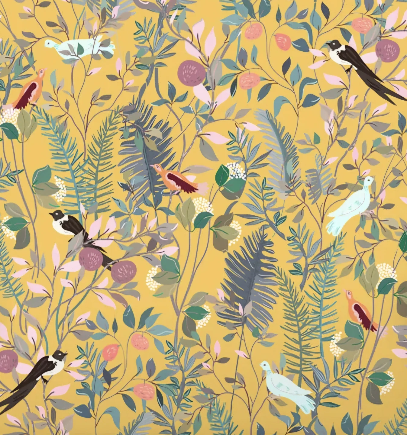 Botanical wallpaper flowers and birds, Peel & Stick 17.7"x78"