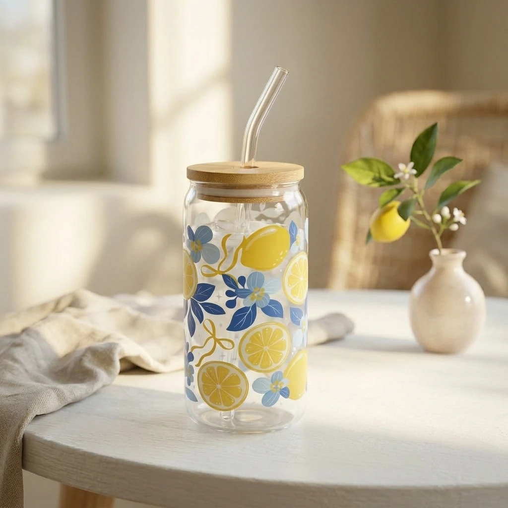 Glass Tumbler with Lemon Design and Bamboo Lid - photo 4