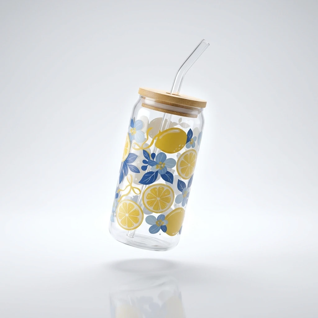 Glass Tumbler with Lemon Design and Bamboo Lid - photo 3