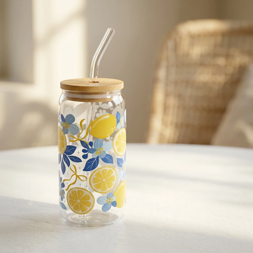 Glass Tumbler with Lemon Design and Bamboo Lid - photo 5