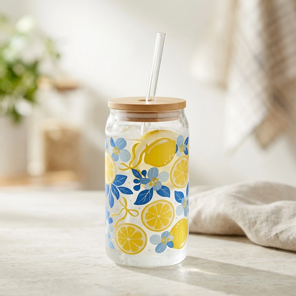 Glass Tumbler with Lemon Design and Bamboo Lid - photo 2