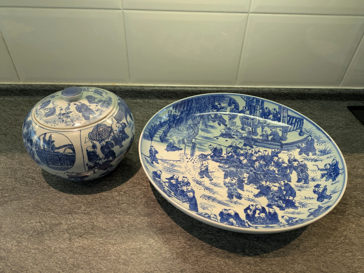 Blue and White Ceramic Decorative Plate & Lidded Jar Set