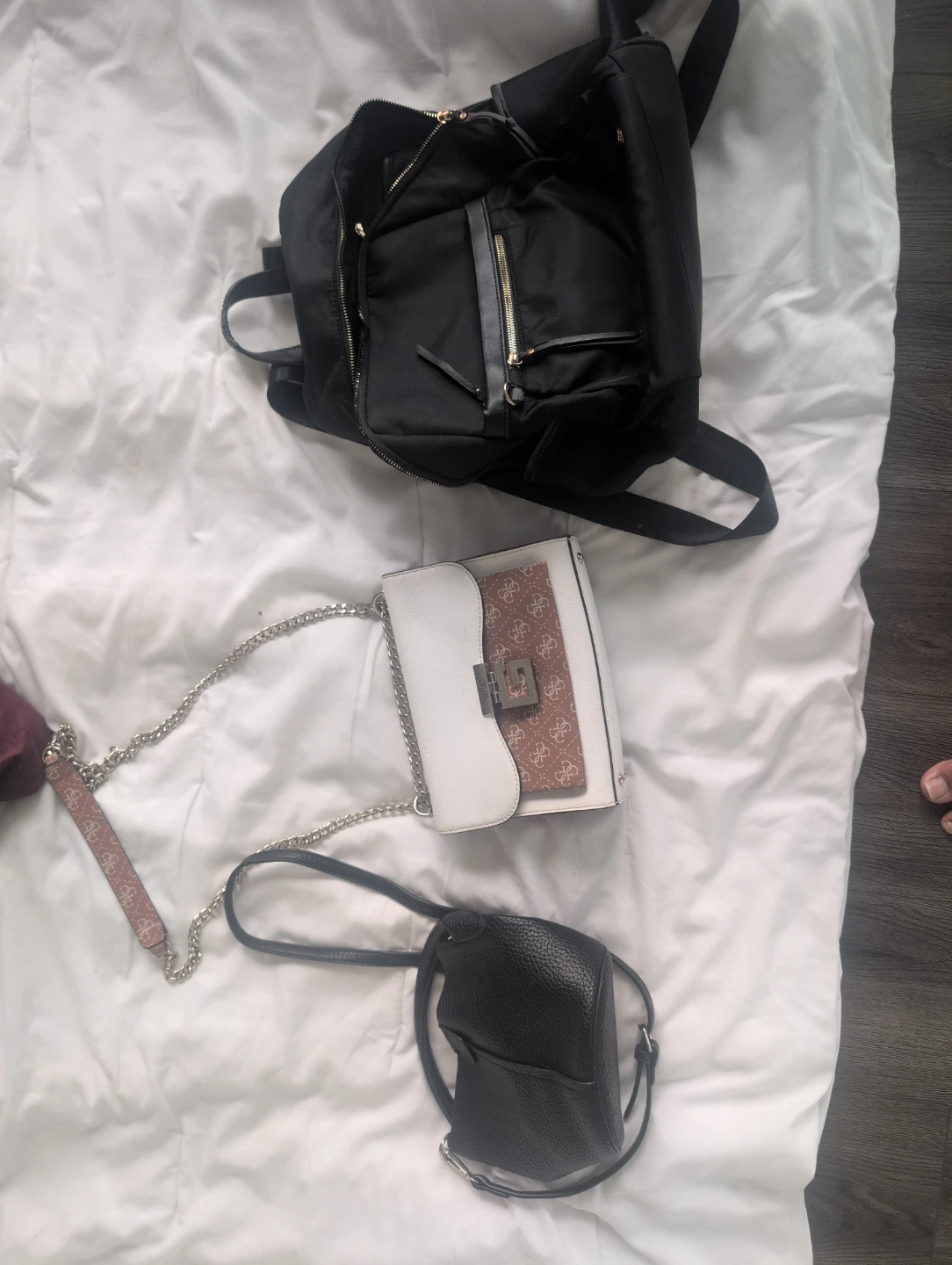 Guess Handbag, black hand bag and Backpack