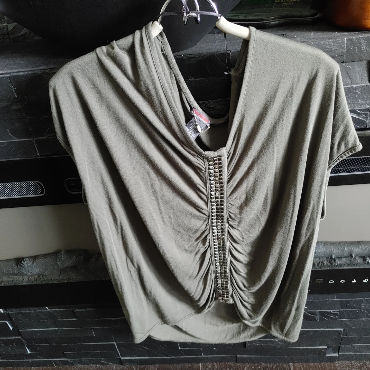 Chic Ruched Top with Rhinestone Embellishment