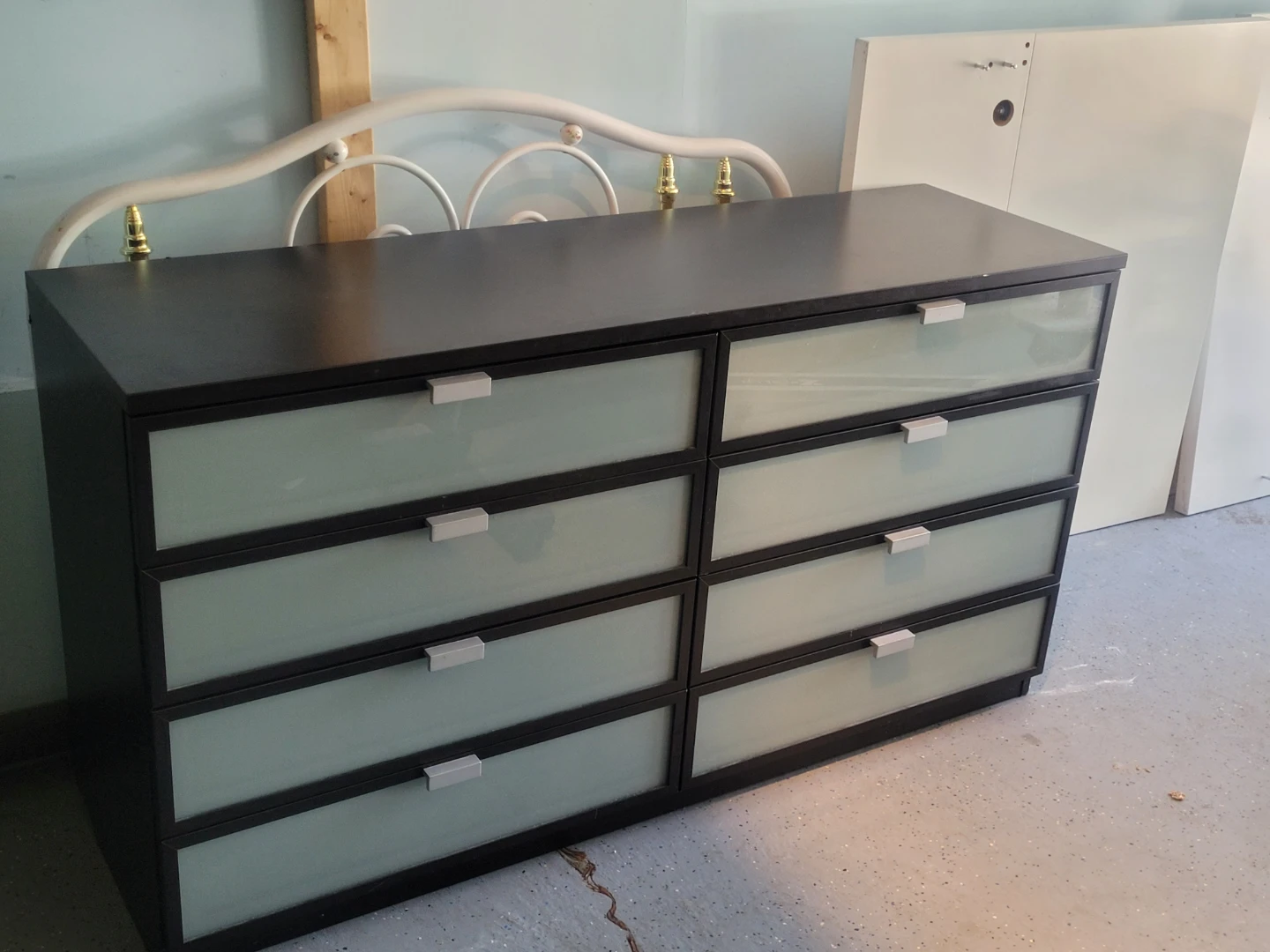 Dark Wood Dresser with Frosted Glass Drawers