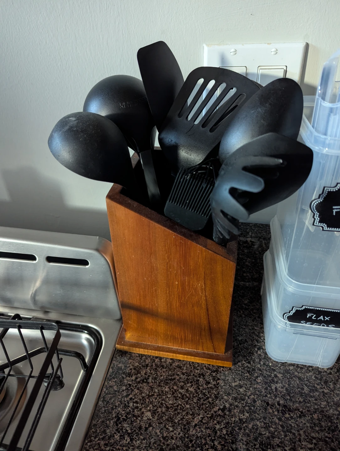 Black Kitchen Utensil Set with Wooden Holder