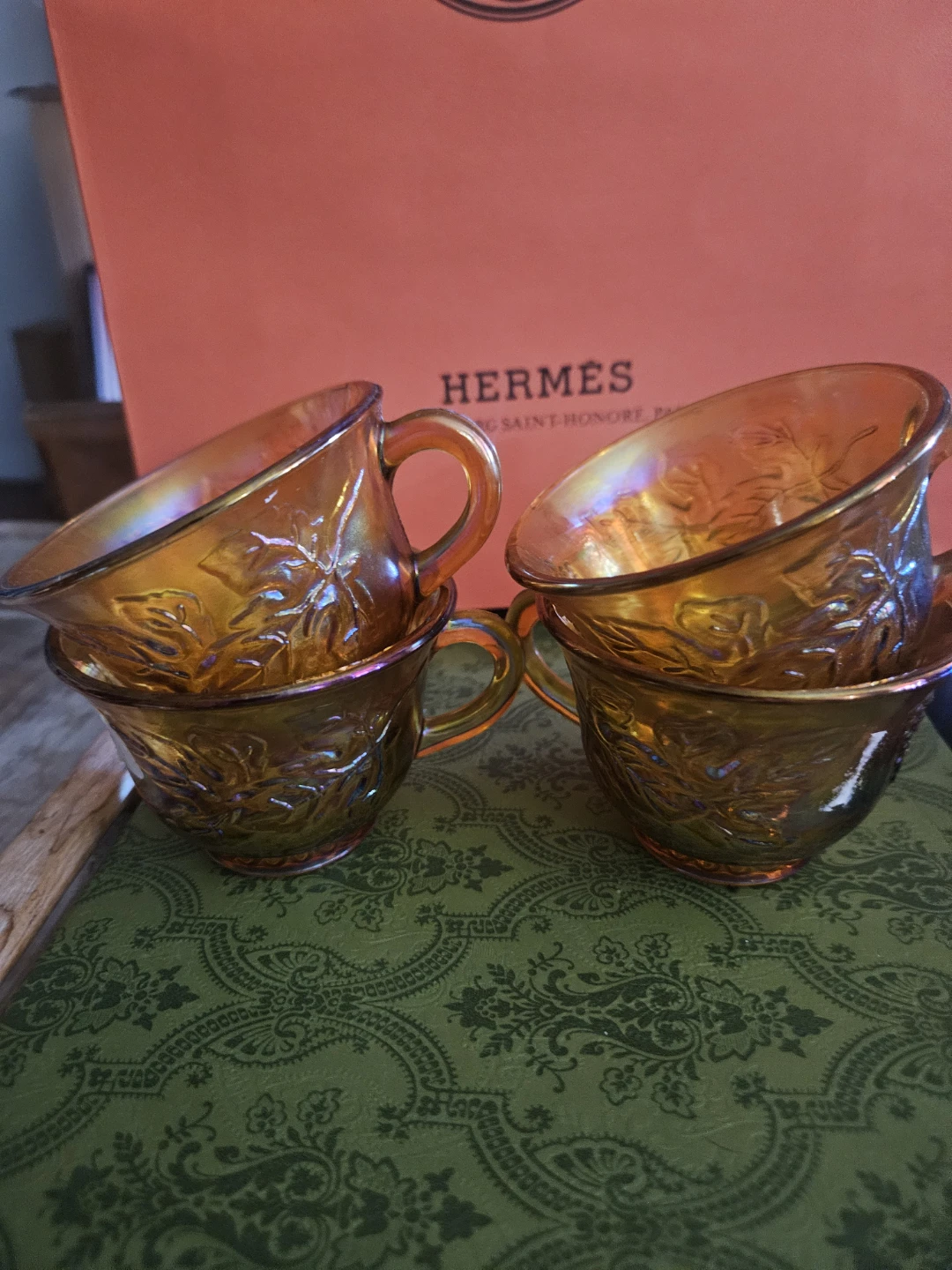 Set of 4 Amber Carnival Glass Cups