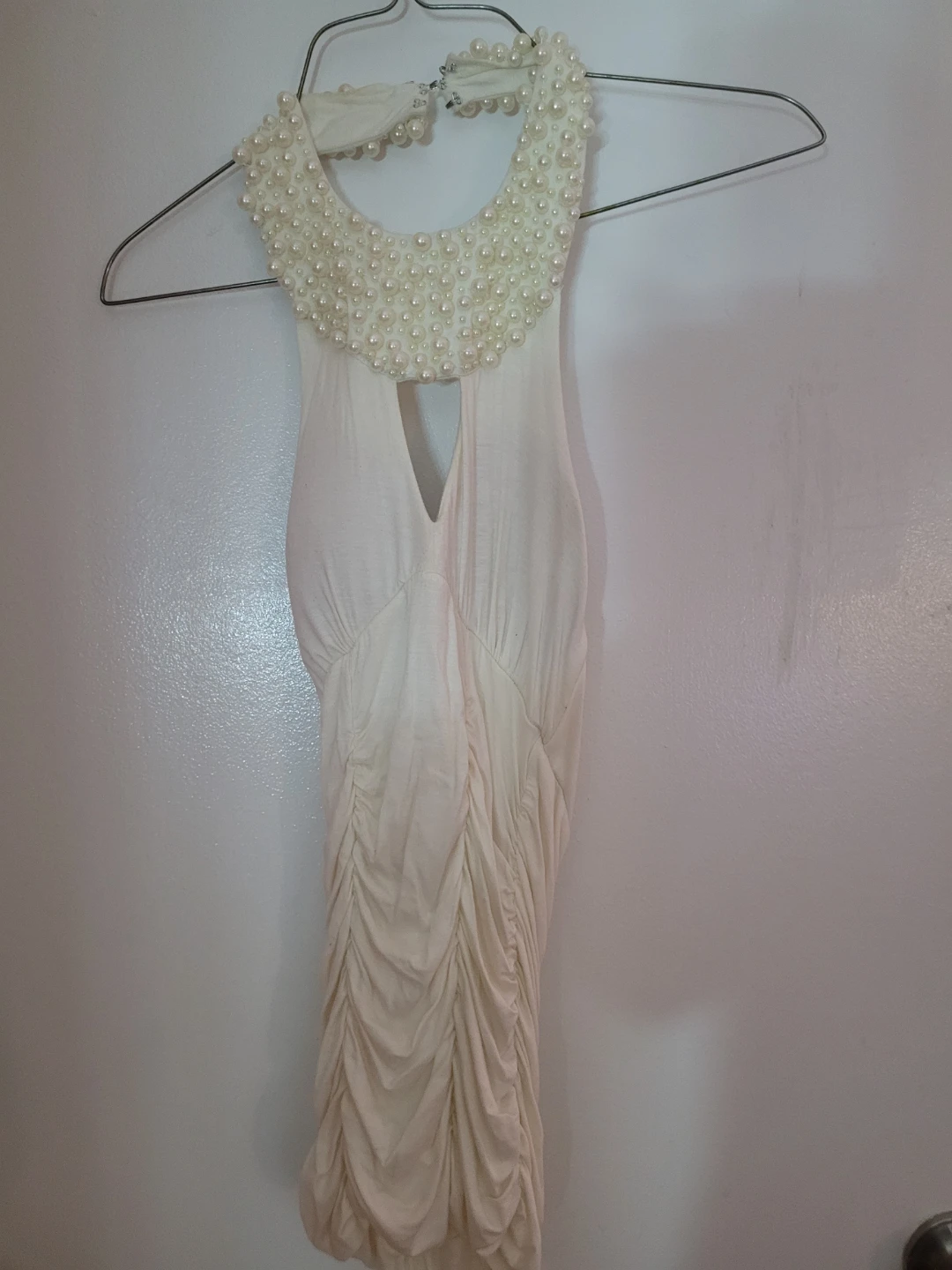 Cream ruched halter dress with pearl collar