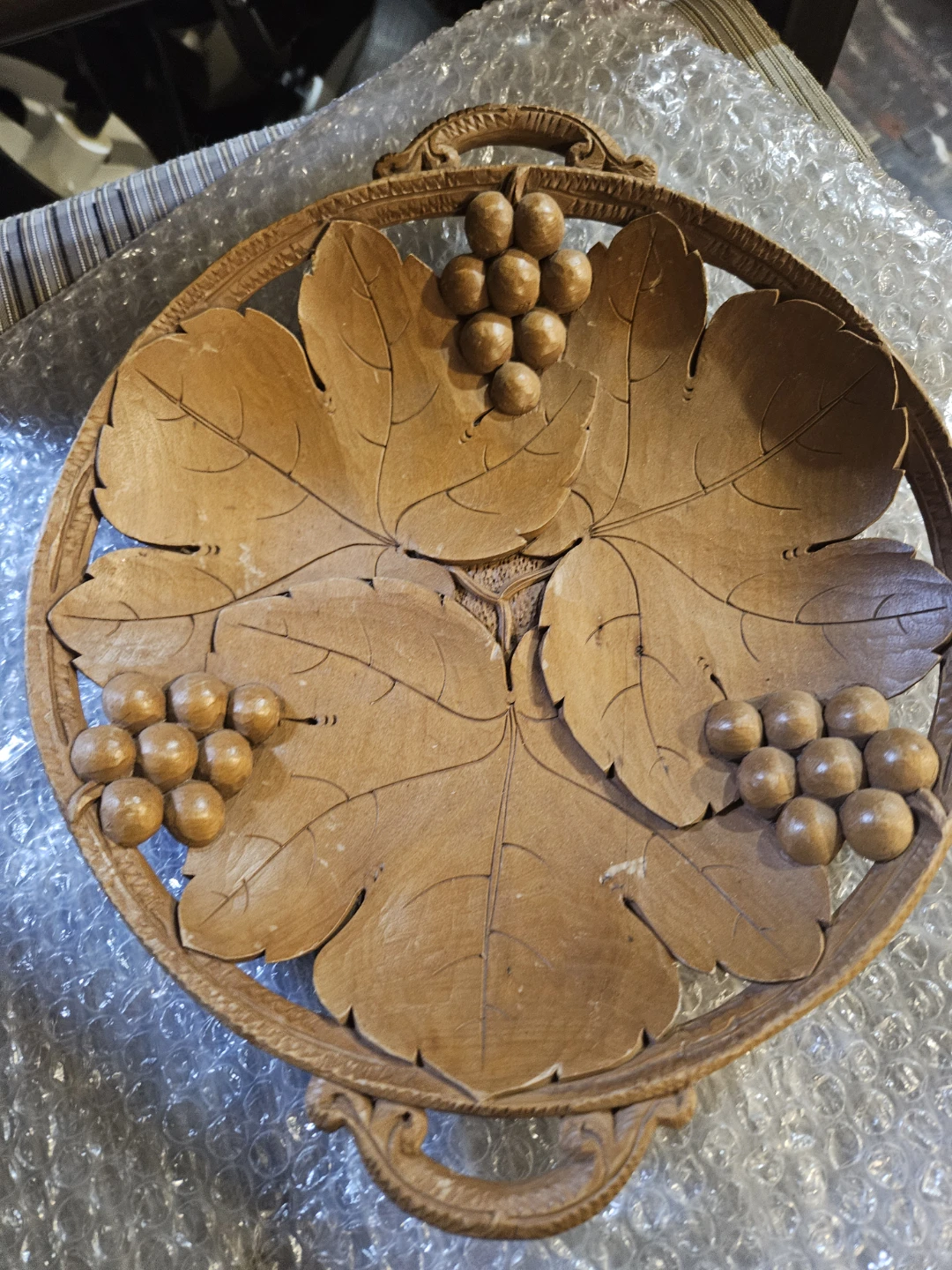 Carved Wooden Tray with Grapes and Leaves - photo 3