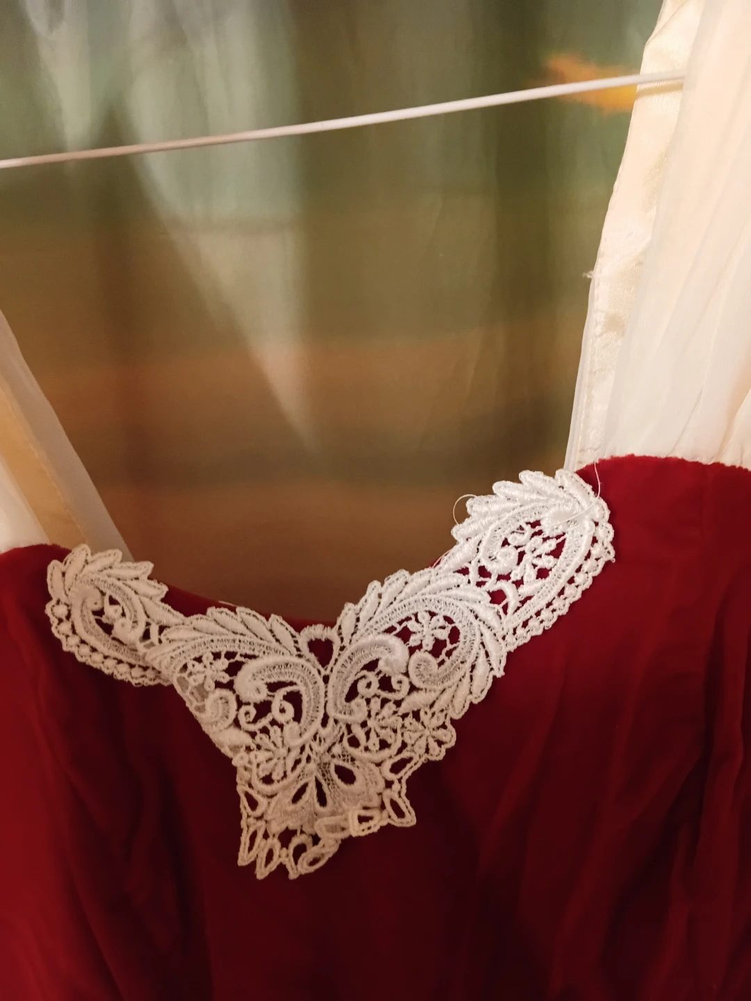 XL Red Velvet Dress with White Lace Trim
