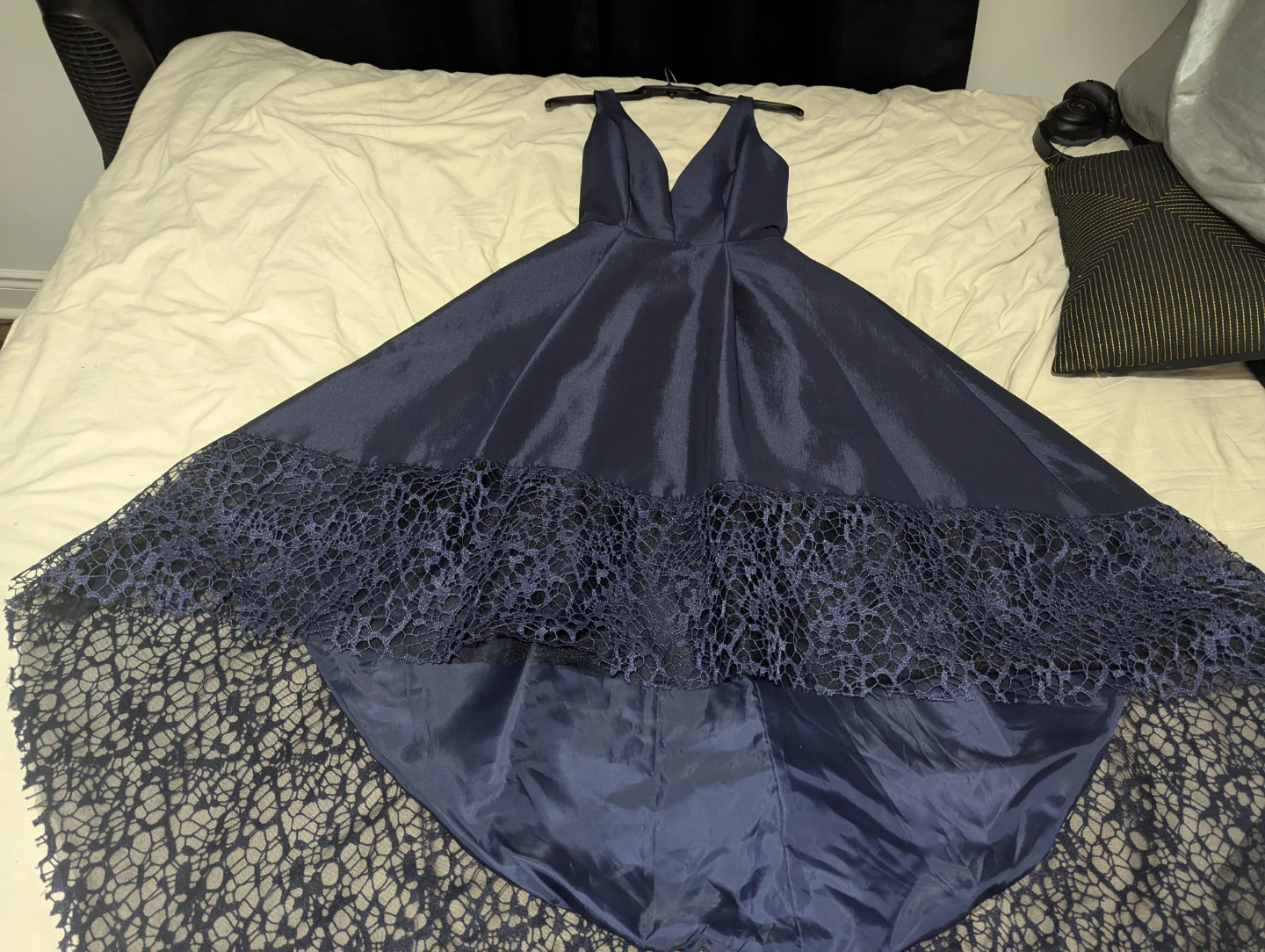 Betsy & Adam Navy Blue Lace Hi-Low Gown