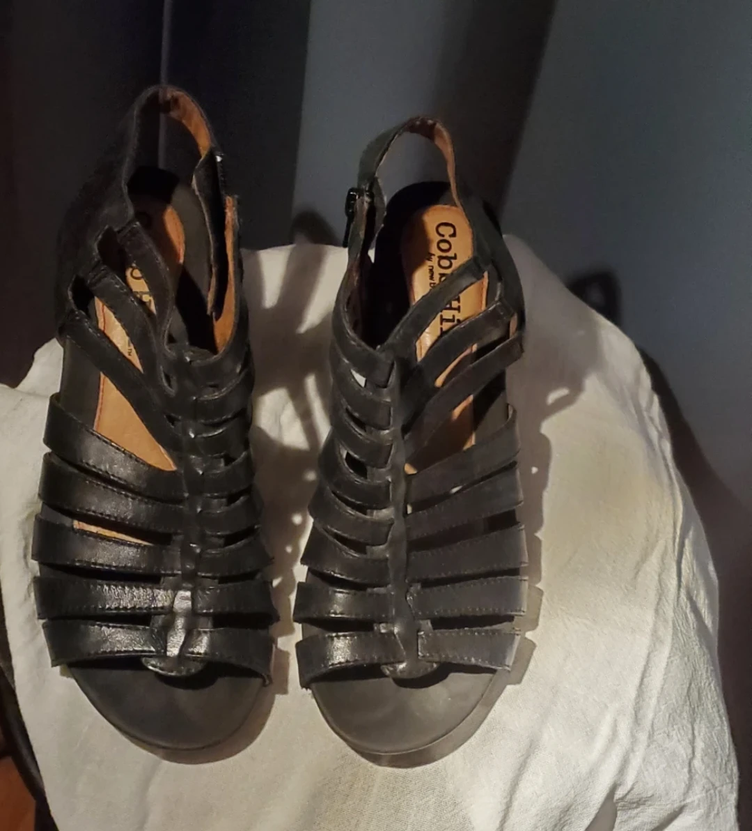 Cobb Hill Black Leather Gladiator Wedge Sandals