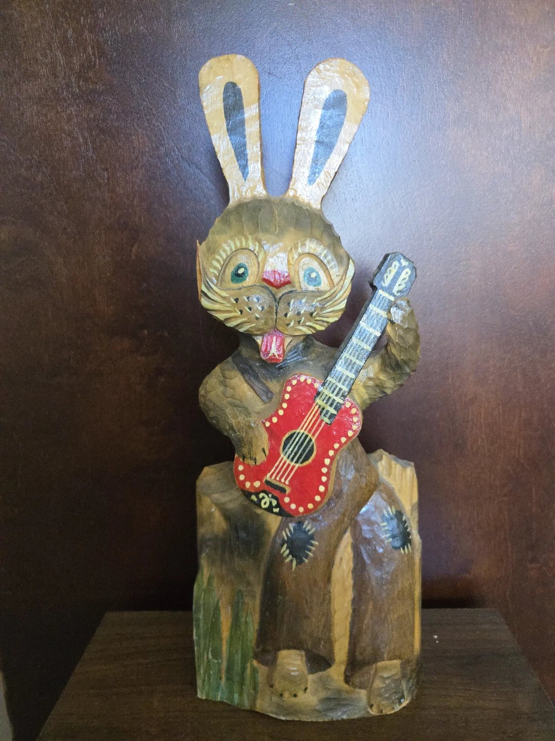 Hand-carved Wooden Bunny Musician Figurine