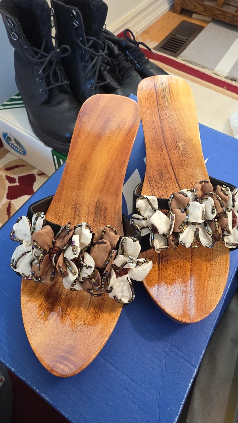 Wooden Platform Sandals with Floral Embellishments