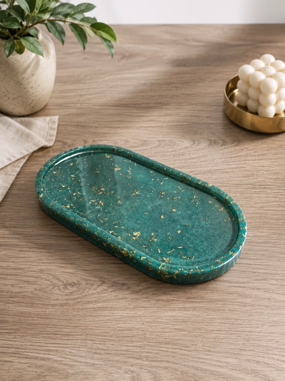 Food Safe Oval Teal Dish with Gold Flakes