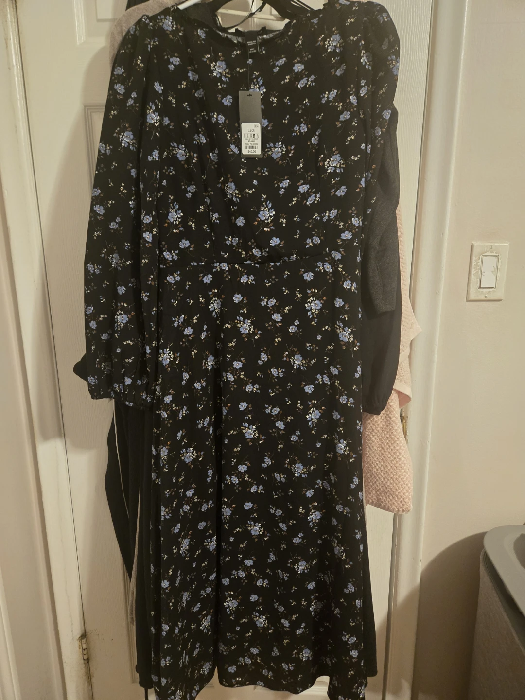 Black Floral Print Long Sleeve Midi Dress