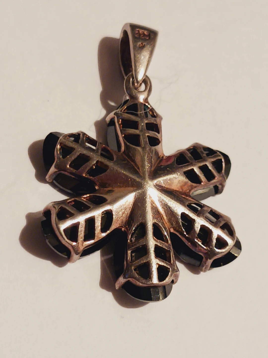 Sterling Silver 925 Flower Pendant wi/ Black Stones & Crystals - photo 4