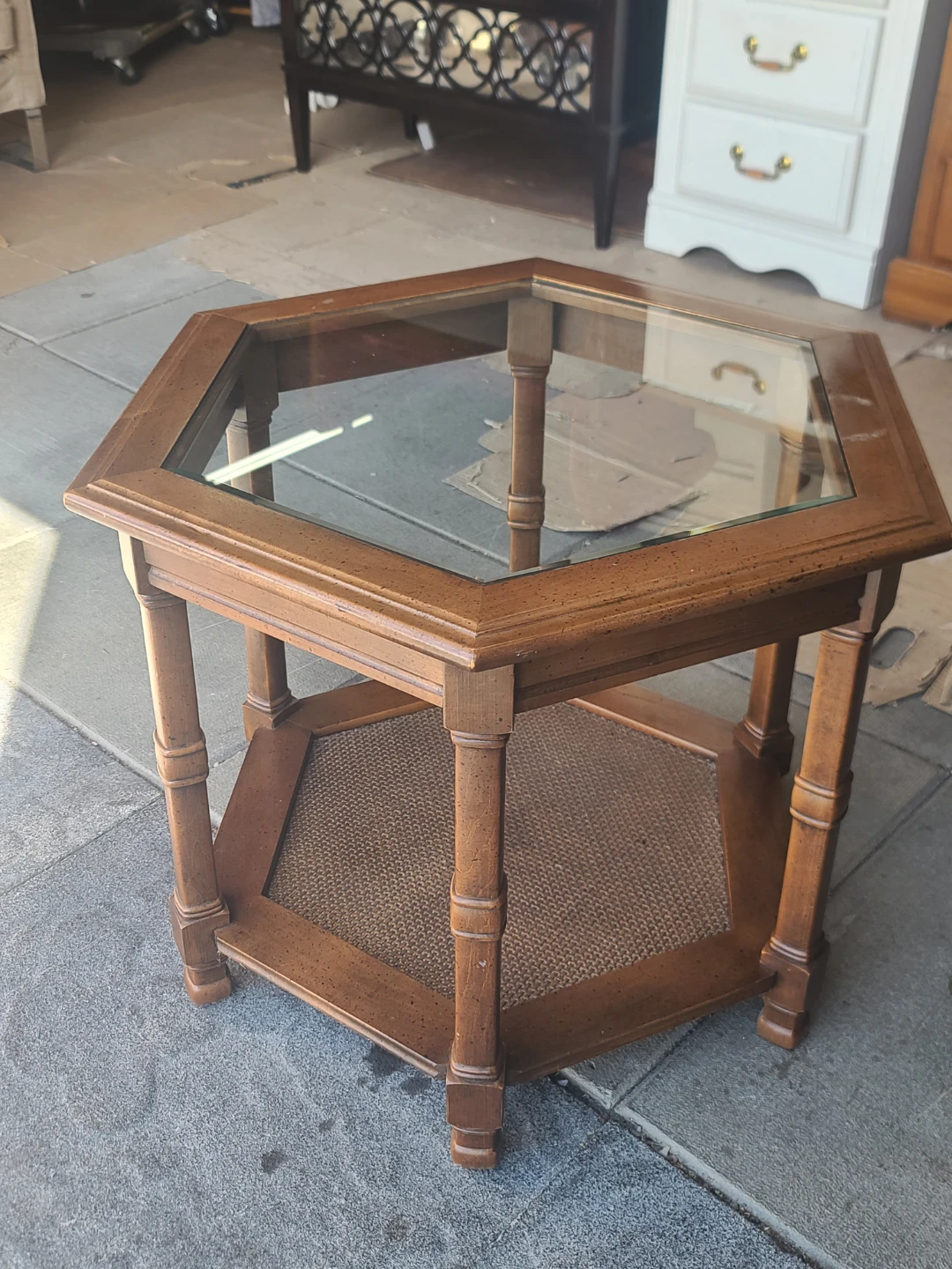 Hexagonal Wood Side Table with Glass Top