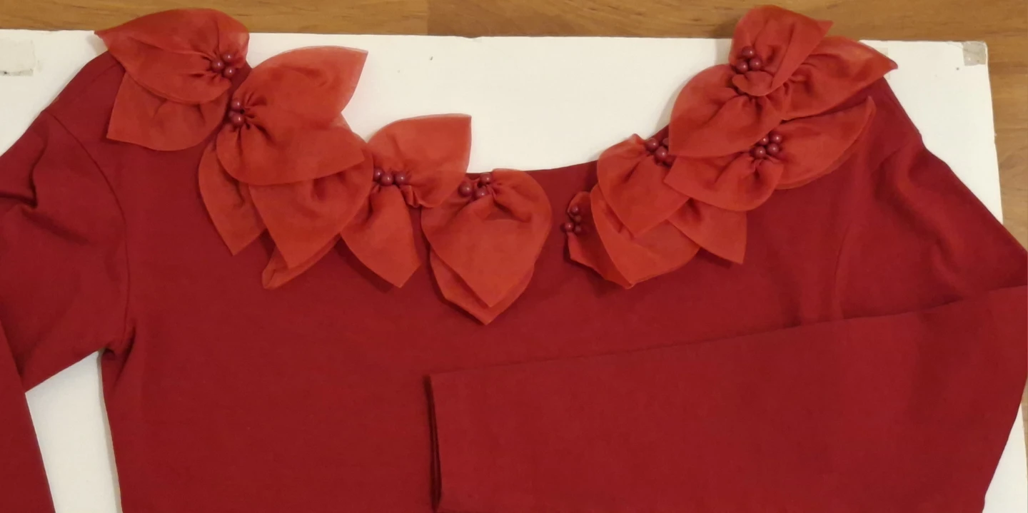 Petite Red Long Sleeve Dress with Floral Neckline - photo 3