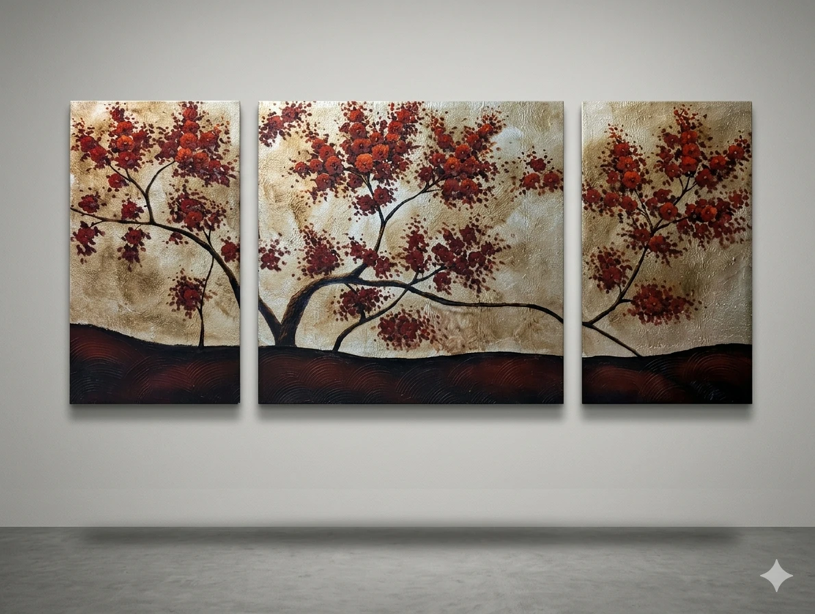 Triptych Wall Art with Red Blossom Trees