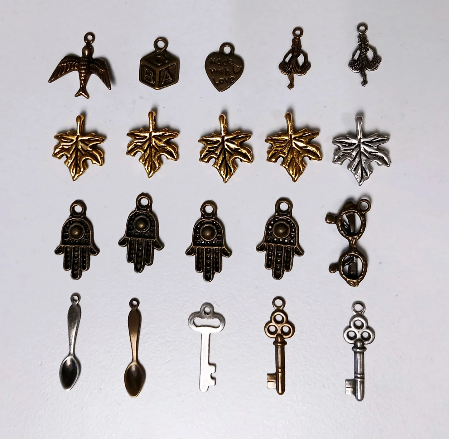 20 Assorted Charms - Leaf, Hamsa, Key, Spoon, Bird