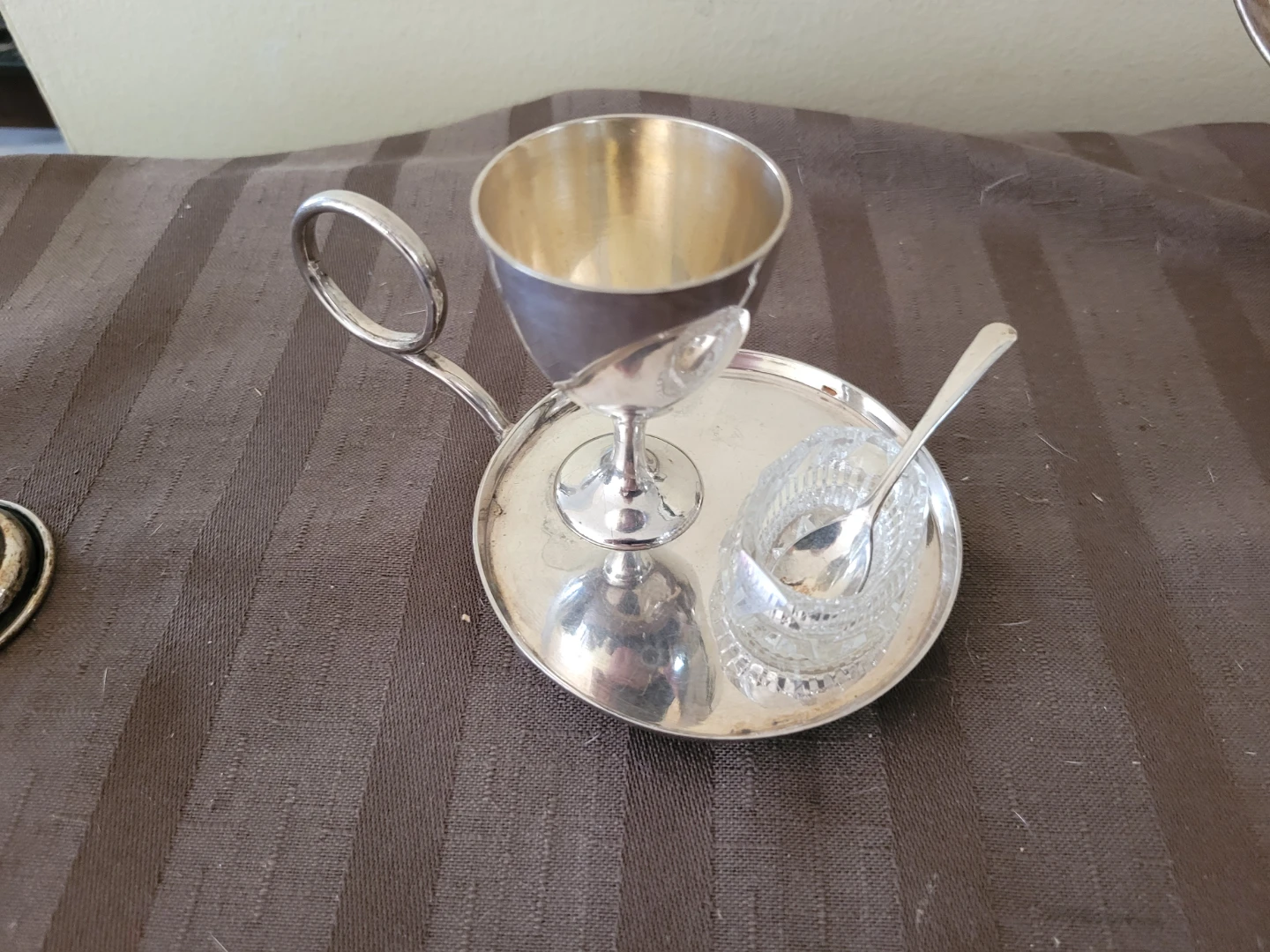 Vintage Silver Egg Cup Holder with Spoon and Dish