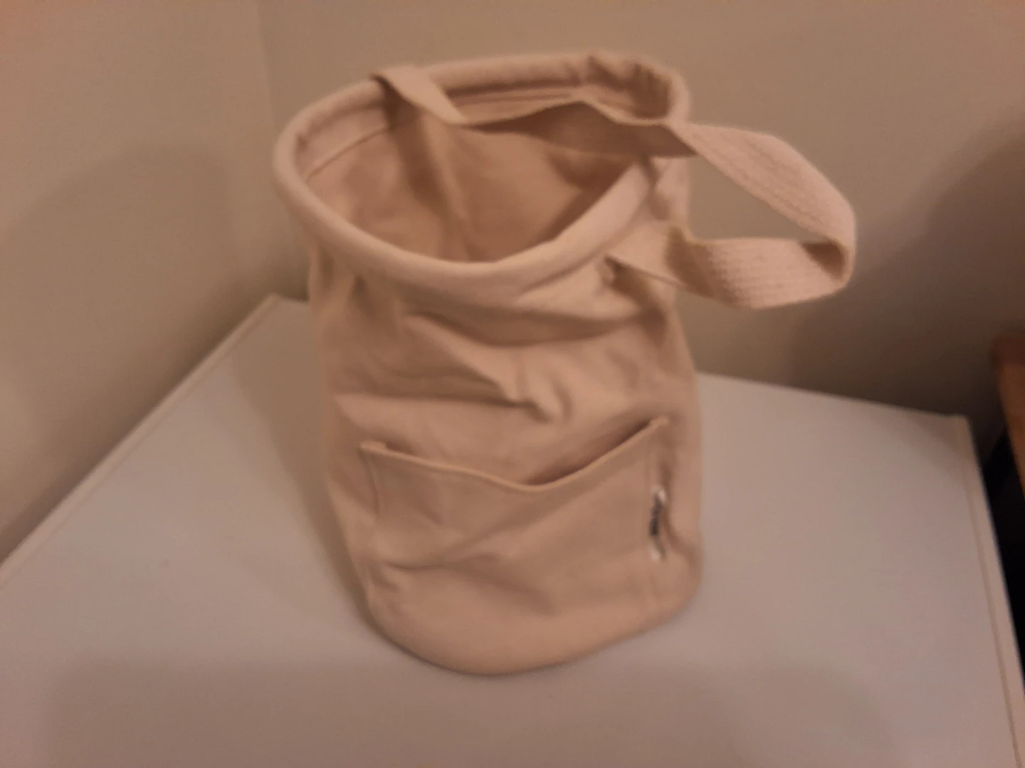 Beige Canvas Bucket Bag with Front Pocket