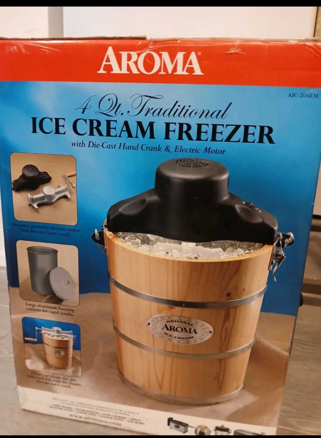 Aroma 4 Qt. Ice Cream Freezer w/Hand Crank & Electric Motor.