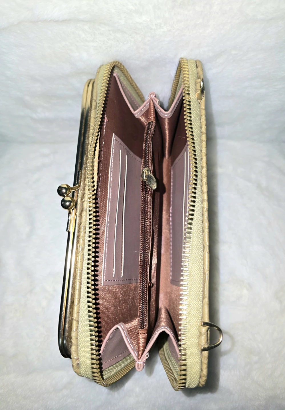 Taupe Faux Snakeskin Crossbody Clutch Purse with Gold Frame - photo 5