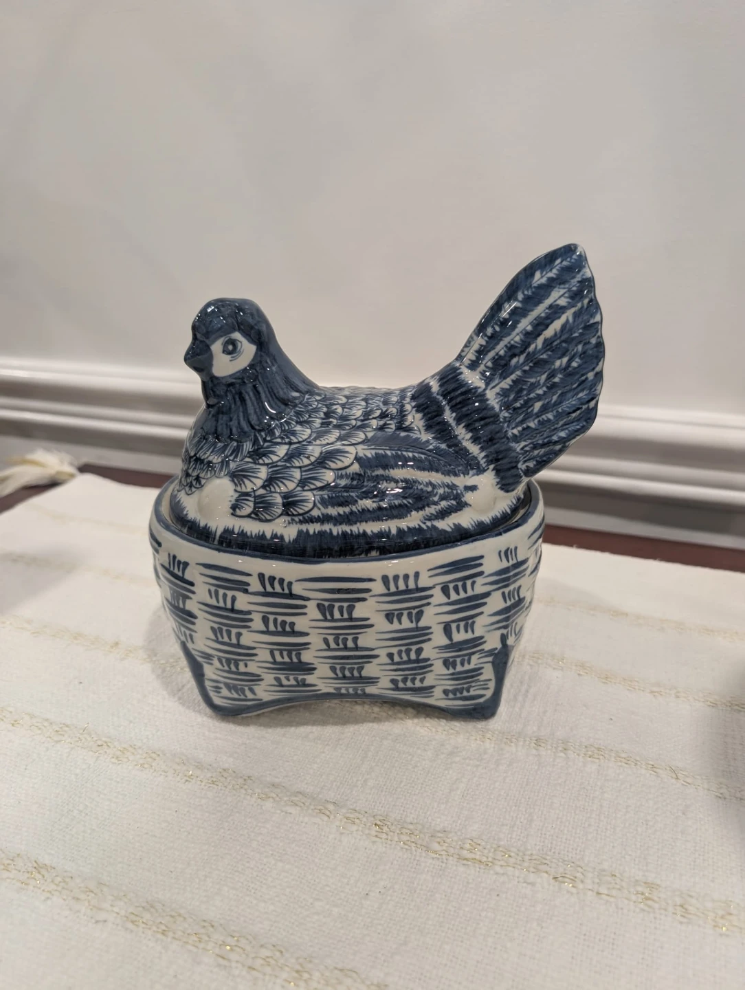 Blue and White Ceramic Hen on Basket Dish
