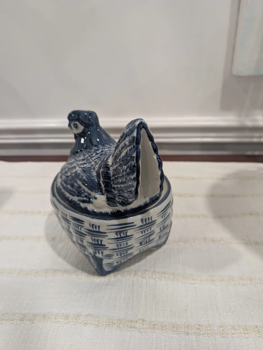 Blue and White Ceramic Hen on Basket Dish - photo 2