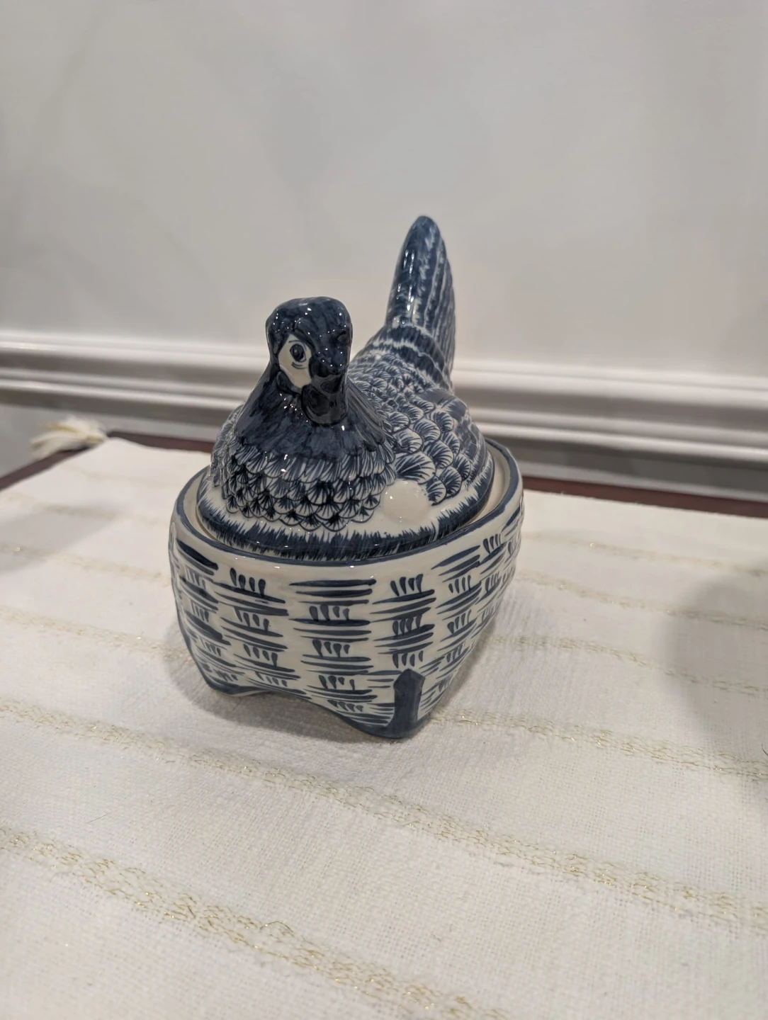 Blue and White Ceramic Hen on Basket Dish - photo 3