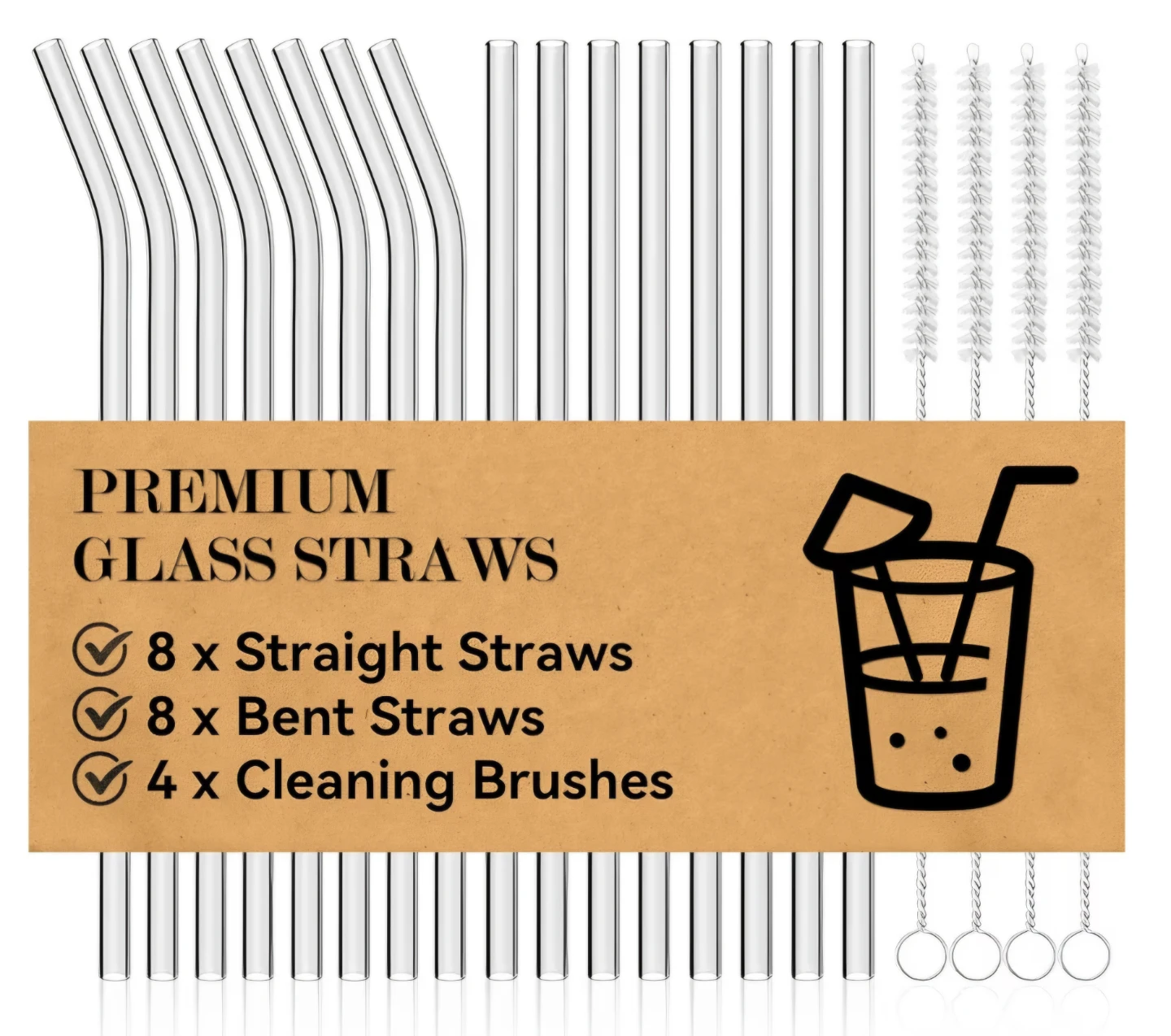 Reusable Glass Straws Set Clear 16 Straws + Brushes