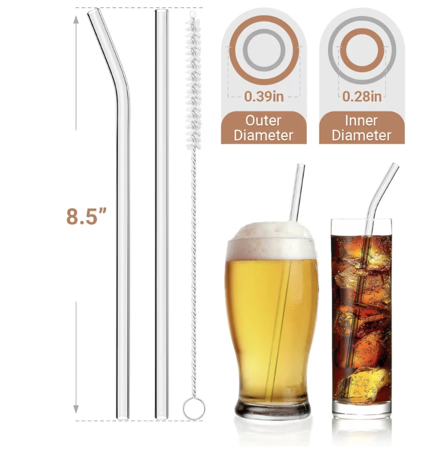 Reusable Glass Straws Set Clear 16 Straws + Brushes - photo 2