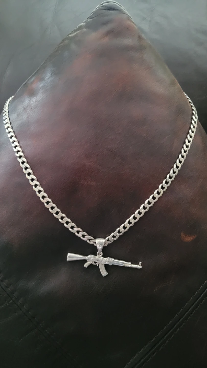 22" Silver Cuban/Curb Link Chain & AK-47 Charm (50 grams total)