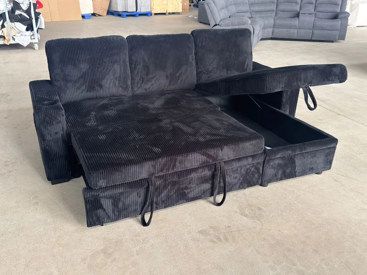 Black Corduroy Sofa with Storage Chaise