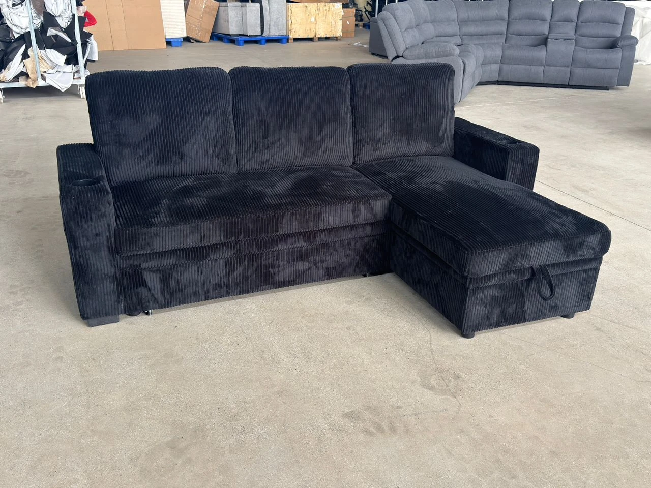 Black Corduroy Sofa with Storage Chaise - photo 3