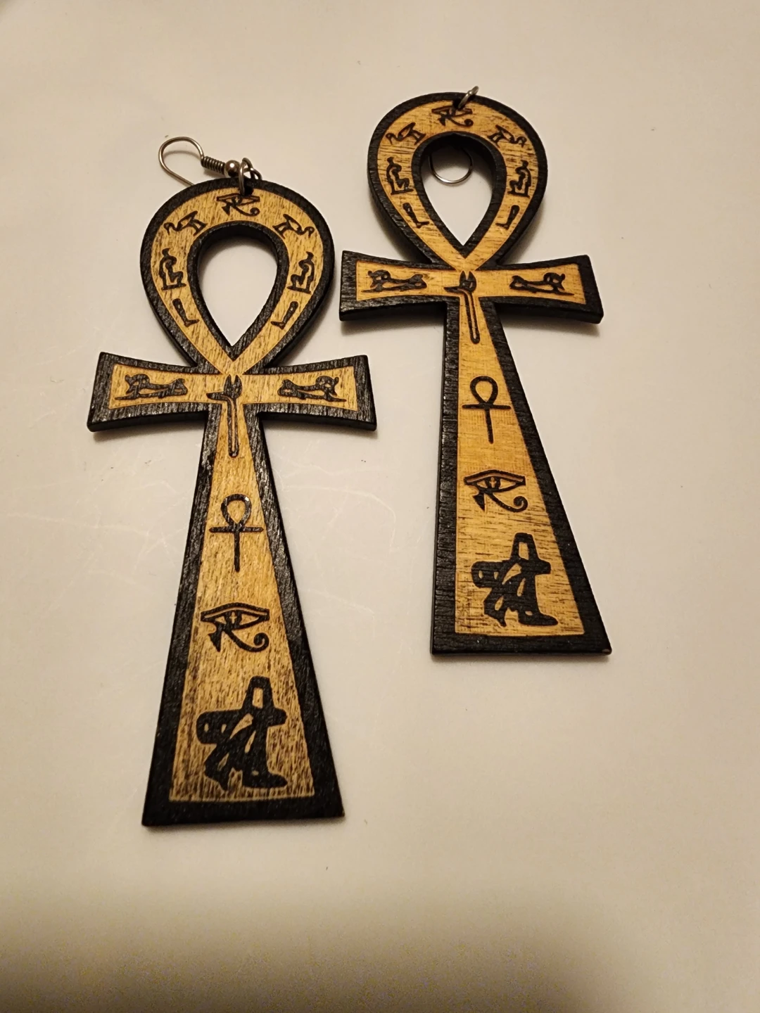 Wooden Ankh Earrings with Hieroglyphs