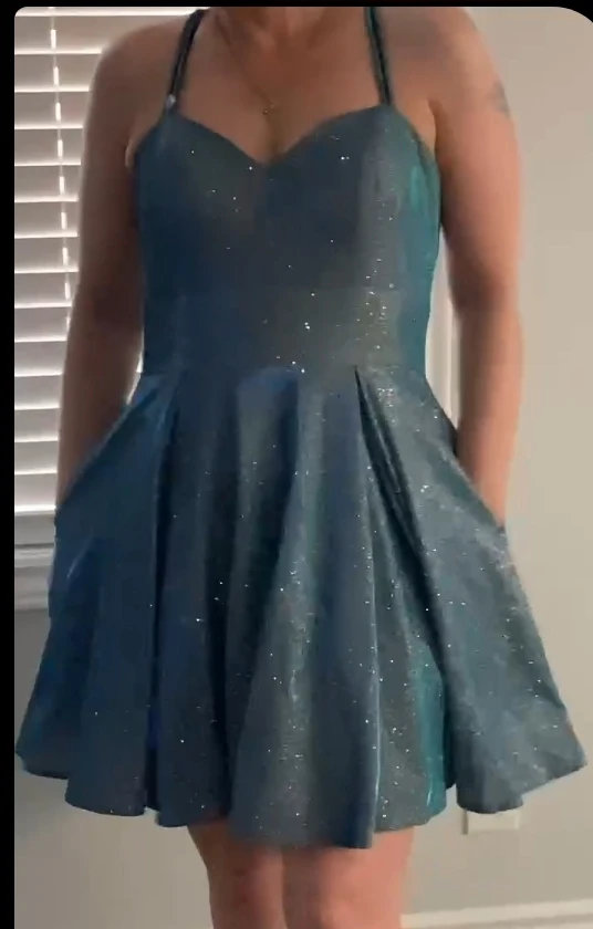 Teal Sparkly Fit and Flare Dress with Pockets
