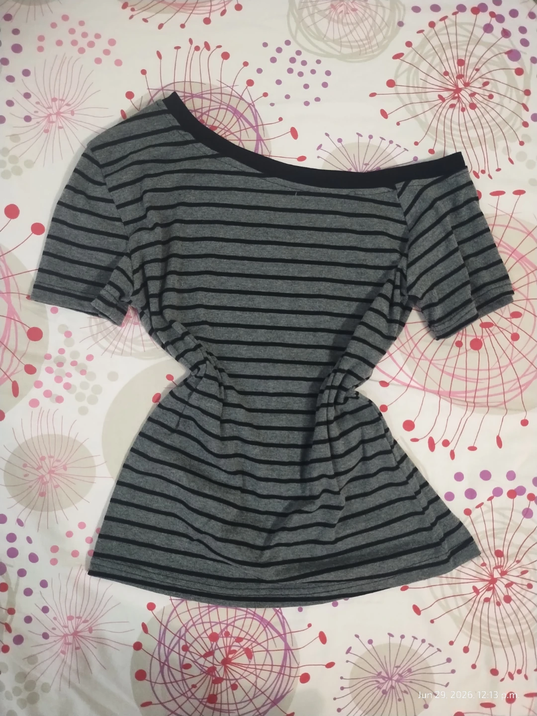 Gray & Black Striped Off-Shoulder Top