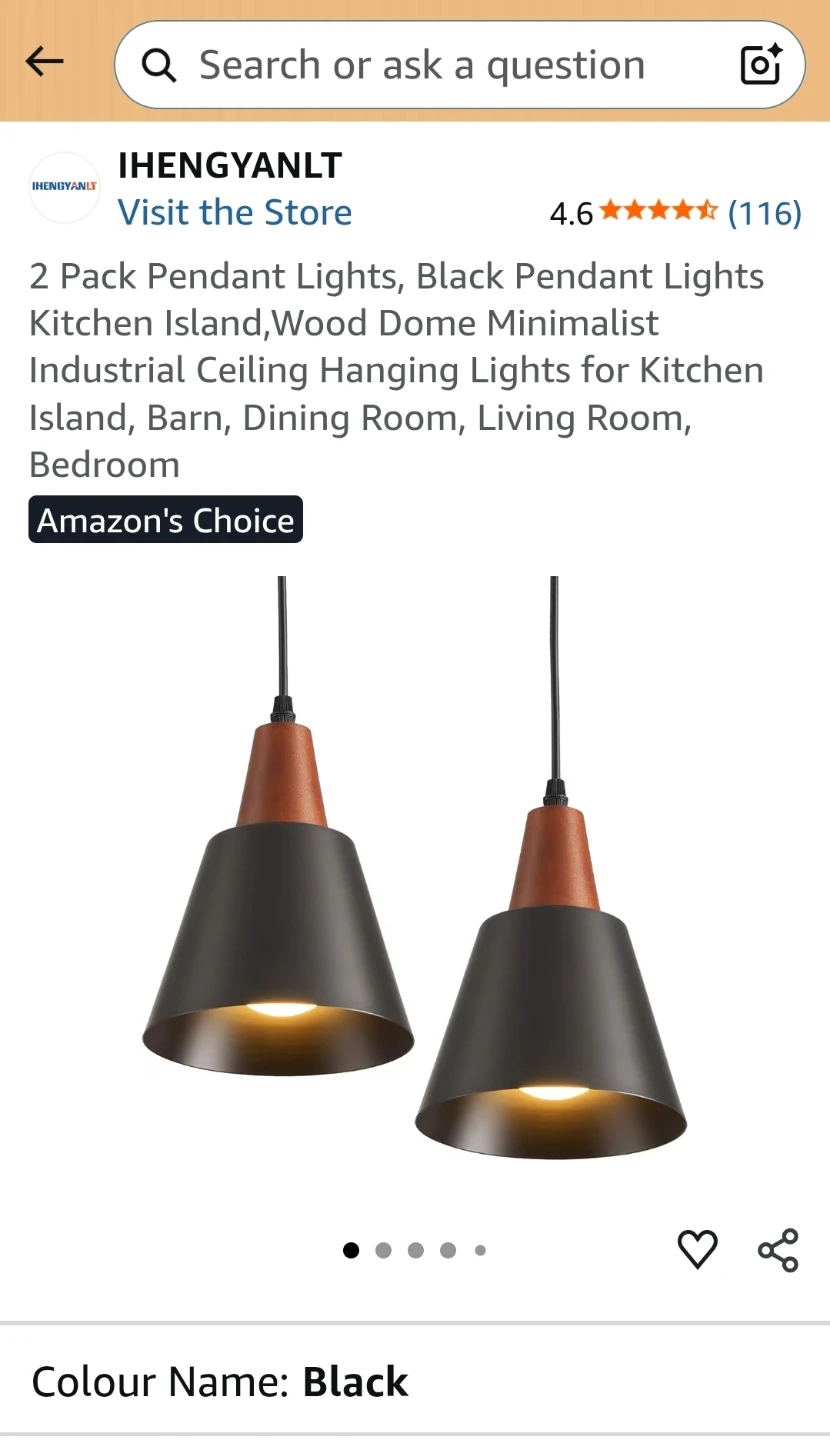 2 Pack Black Pendant Lights with Wood Accents