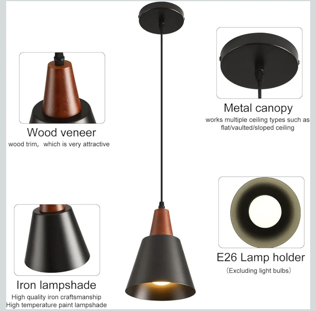 2 Pack Black Pendant Lights with Wood Accents - photo 4