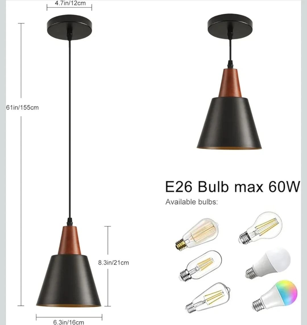 2 Pack Black Pendant Lights with Wood Accents - photo 5