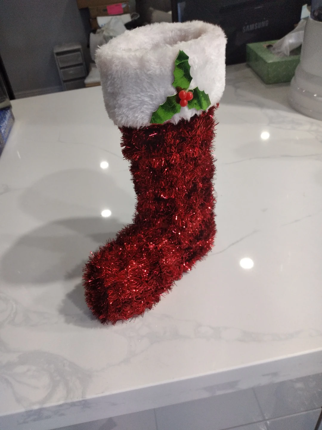 Red Decorative Christmas Stocking with White Trim